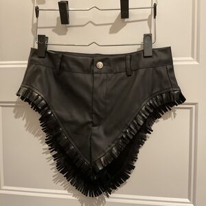 High-Waist Black Faux Leather Fringe Shorts